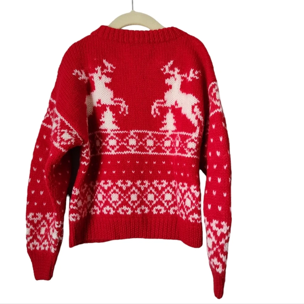 ONE OF A KIND x VINTAGE wool christmas holiday reindeer sweater red white 6-7 - Picture 2 of 5